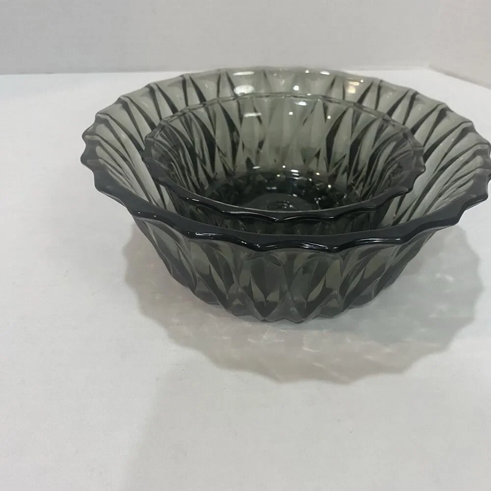 Vintage 2 Libbey Smoke Glass Serving Bowl 8” & 6” Diamond Scroll MCM Replacement